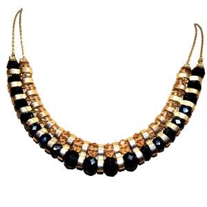 Vintage NY Glam Faceted Black~ Clear Amber~ Metal Spacer~ 2 Chain Neckla…